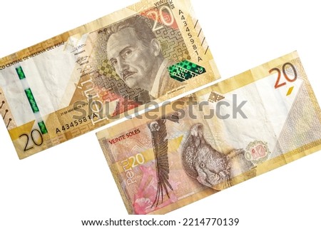 New peruvian 20 soles bill with the face of Jose Maria Arguedas and a condor Royalty-Free Stock Photo #2214770139