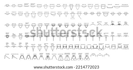 Set of necklines clothes - collars, plackets, knits, sweaters, tops, strapless, turtlenecks, tank, halter technical fashion illustration. Flat apparel template front side. Women, men unisex CAD mockup Royalty-Free Stock Photo #2214772023