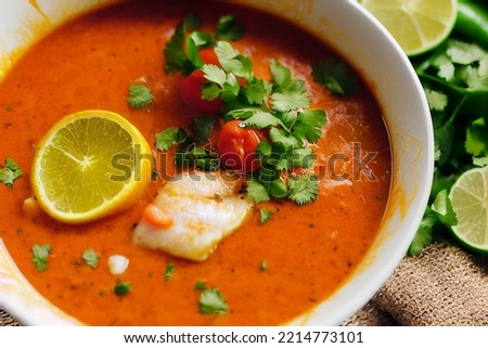 Delicious fish soup with tomato, lime, red pepper, coconut milk and cilantro. Photo realism illustration