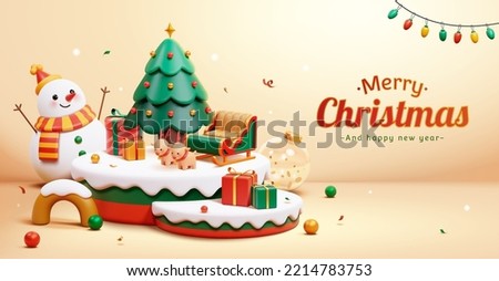 3d Christmas and new year banner. Snow covered podium decorated with reindeer sleigh, Christmas tree and gifts. Snowman and transparent bauble in the back on beige background.