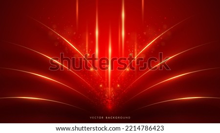 Luxury red background with golden lines, sparkle glow, glitter light and beam effect decoration. Vector illustration