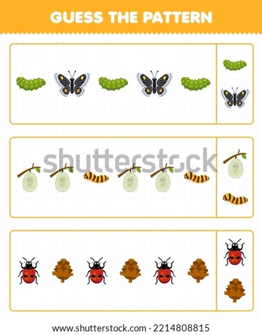 Education game for children guess the pattern each row from cute cartoon caterpillar butterfly cocoon silkworm ladybug pinecone printable bug worksheet