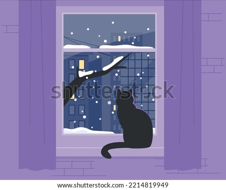 A black cat is sitting by the window and looking at the snowy landscape outside. flat vector illustration.