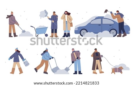 People are cleaning snow with shovels on a snowy street. flat vector illustration.