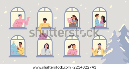 Neighbors seen through the window on a snowy day. People are saying Christmas greetings to each other and sharing gifts. flat vector illustration.