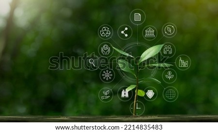 ESG icon concept with small tree for environmental, social, and governance in sustainable and ethical business on the Network connection on a green background. Royalty-Free Stock Photo #2214835483