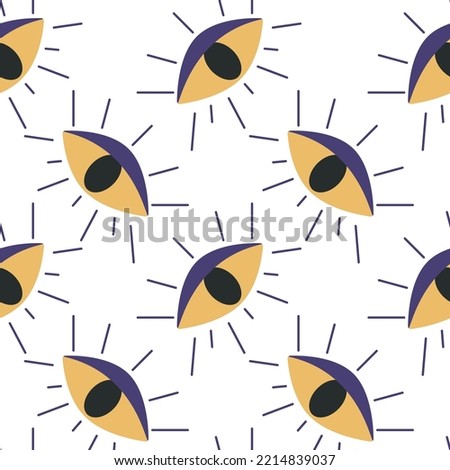 Vector flat hand drawn seamless pattern with all seeing eye. Flat vector hippy boho illustration. Hand drawn retro groovy elements