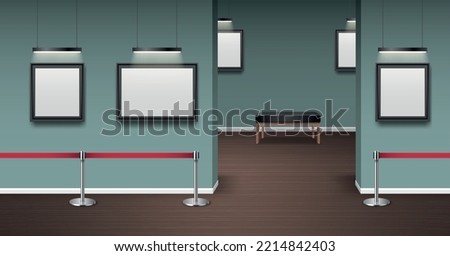Gallery realistic mockup with blank picture frames and visitors couch vector illustration