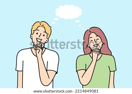 Girl, boy smile, think about something nice together. Empty speech bubble. Young couple dreaming. Positive imagination, fantasy, fancy ideas, cloud-castle, goal. Vector outline colored illustration. Royalty-Free Stock Photo #2214849081
