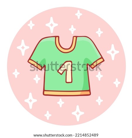 Cute hand-drawn sports t-shirt in doodle cartoon style. Round composition in neutral candy colors. Kawaii element for card, social media banner, sticker, kids playroom decor. Vector illustration.