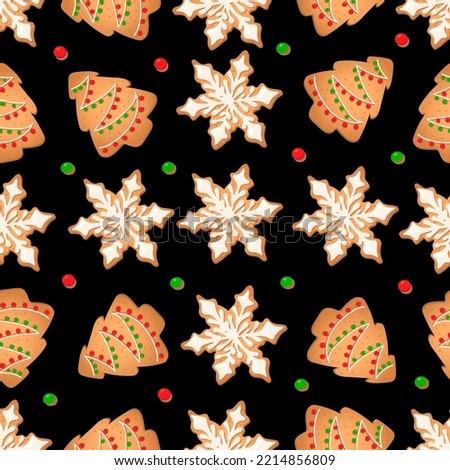 Seamless pattern with ginger cookies on a black background. Gingerbread tree, snowflake