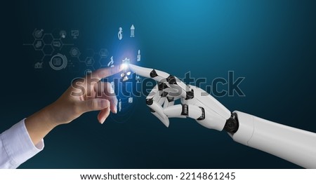 Virtual judge with Artificial Intelligence Law (AI) concept.Robot Hand touching Compliance Rules Law Regulation Policy Business Technology Interface.