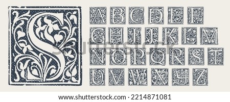 Alphabet in medieval gothic style. Set of monochrome grunge style emblems. Engraved initial drop caps. Perfect for vintage premium identity, Middle Ages posters, luxury packaging. Royalty-Free Stock Photo #2214871081