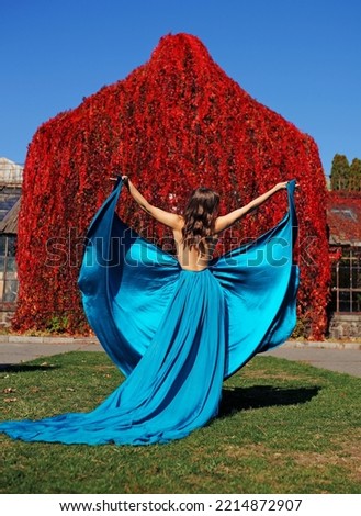                                Graceful girl, princess dances on a sunny day. A luxurious blue, blue dress with a long train flutters in the wind like a butterfly. Photo from the back without a face. 