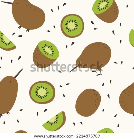  Seamless pattern with kiwi birds and fruits. Doodle cartoon style. Funny kids fabric print. For textiles, clothing, bed linen, office supplies. Royalty-Free Stock Photo #2214875709