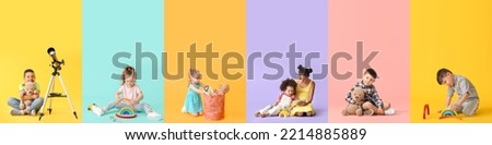 Collage of little children with toys on color background