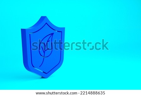 Blue Shield with leaf icon isolated on blue background. Eco-friendly security shield with leaf. Minimalism concept. 3d illustration 3D render.