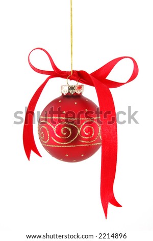 Ribbon on red christmas ball hanging in isolated white background