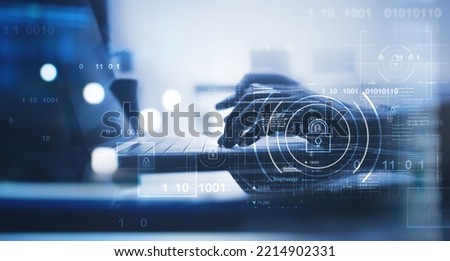 Cyber security network, Data protection privacy concept. Business man protecting personal data, information on laptop computer. Padlock icon and internet technology networking, computer crime Royalty-Free Stock Photo #2214902331