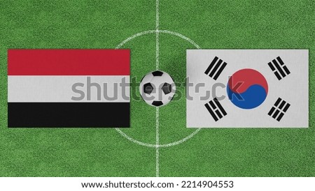 Football Match, Yemen vs Republic of Korea, Flags of countries with a soccer ball on the football field