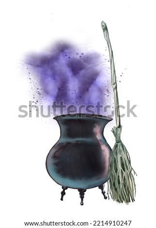 Witch cauldron design. Watercolor magician potion illustration. Wizardry school element. Wizard concept graphic. Halloween themed design.