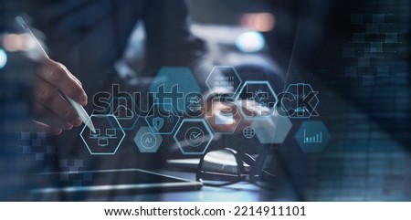 Business developer working with sales analytics and Data Management System DMS on computer with performance connected to database. Corporate strategy, software development, digital technology