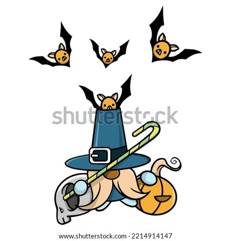 Halloween vector gnome in hat with  bat, pumpkin beard and skull. Trick or treat. Isolated on white background