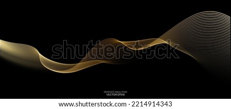 Vector wave lines smooth flowing dynamic gold gradient light isolated on black background for concept of luxury, technology, digital, communication, science, music Royalty-Free Stock Photo #2214914343