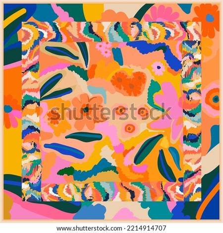Hand drawn modern exotic floral scarf design. Abstract fashionable vector template for your design. Royalty-Free Stock Photo #2214914707