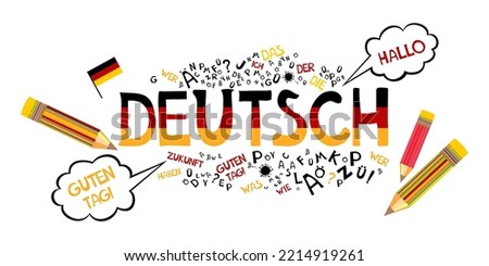Deutsch. Translation: "German". Learning German Online education concept. German language hand drawn doodles and lettering. Language education Vector illustration for education, foreign language study Royalty-Free Stock Photo #2214919261