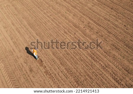 Aerial shot of female farmer standing in corn sprout field and examining crops. Farm worker wearing trucker's hat and jeans on plantation from drone pov.