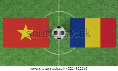 Football Match, Vietnam vs Romania, Flags of countries with a soccer ball on the football field
