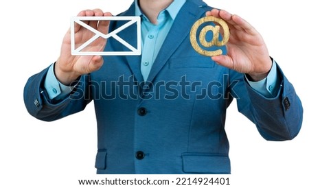 Businessman hand holding e-mail icon lette, postal envelope, concept of spam email, internet and networking, Contact us newsletter email and protect your personal.