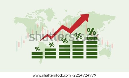 Inflation background worldwide with red upward arrow and percentage sign. Graph showing increase in inflation, financial growth, interest rate increase, high price and tax rise concept Royalty-Free Stock Photo #2214924979