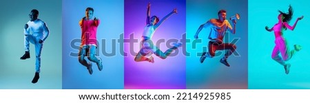 Wow, happy emotions. Set of images of young diverse emotional men and women in motion isolated on multicolored background in neon light. Jumping high, flying, energy, dancing. Flyer for ad