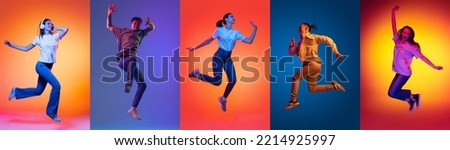 Collage of portraits of young excited expressive people having fun, joy isolated on multicolored background in neon light. Jumping high, flying, energy, dancing. Flyer, banner for ad