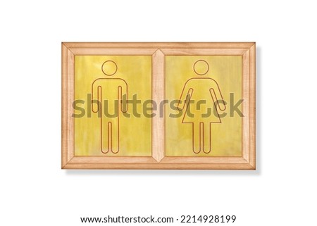 Brass sign with male and female symbols in wooden frame  isolated on white background, with clipping path include for design usage purpose.