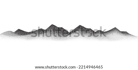 Grain stippled mountains. Dotted landscape and terrain. Black and white grainy hills in dotwork style. Noise stochastic background. Pointillism textured wallpaper. Grunge vector Royalty-Free Stock Photo #2214946465