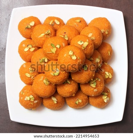 Sweet Motichoor laddoo Also Know as Bundi Laddu or Motichur Laddoo Are Made of Very Small Gram Flour Balls or Boondis Which Are Deep Fried Royalty-Free Stock Photo #2214954653