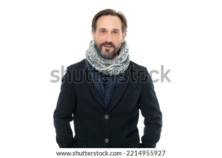 smiling man wear winter warm clothes isolated on white background. studio shot of man wearing warm