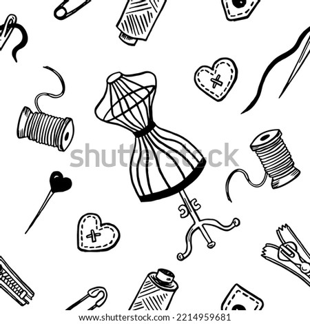 Seamless pattern with sewing tools linear icons scattered on white background. Outline seamstress supplies for tailoring and needlework. Handmade kids clothes wrapping paper design.