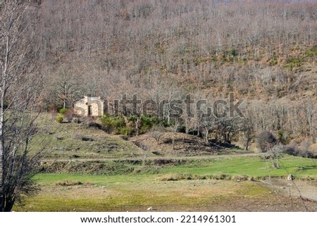 a stone hut in the forest of leafless trees