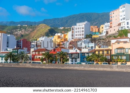 Colorful houses behind the central beach at Santa Cruz de la Palma, Canary islands, Spain. Royalty-Free Stock Photo #2214961703