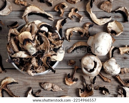 The idea of natural organic ecological products and their preparation for future use for autumn and winter.Autumn wooden background with dried mushrooms. Royalty-Free Stock Photo #2214966557