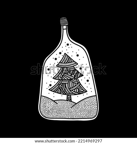 Doodle style illustration. A hand-drawn Christmas inside a bottle