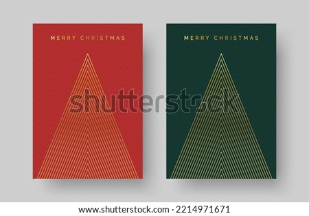 Christmas Card with Geometric Christmas Tree Design. Set of Festive Greeting Card Design Template with Elegant Christmas Tree Illustration and 'Merry Christmas' Golden Text