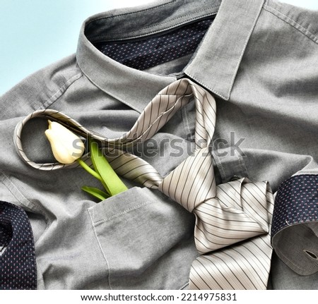 Gray male shirt with necktie and white tulip in the pocket on light blue background. Flat lay. Top view, banner with copy space. Template greeting card for mens day. Holiday concept