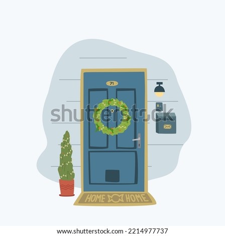 X-Mas decorated home front door. Christmas tree by the house door with Wreath and Deco for party. Postcard, invitation or poser for new year and Merry Christmas.