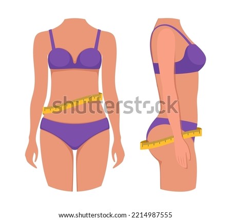 Waist of woman and measuring tape. Female slim body, front and side view. Weight loss. Figure of woman losing weight. Healthy lifestyle. Vector illustration