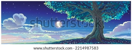 Night natural landscape, with an old, ancient tree, a starry sky and the moon. Vector illustration.